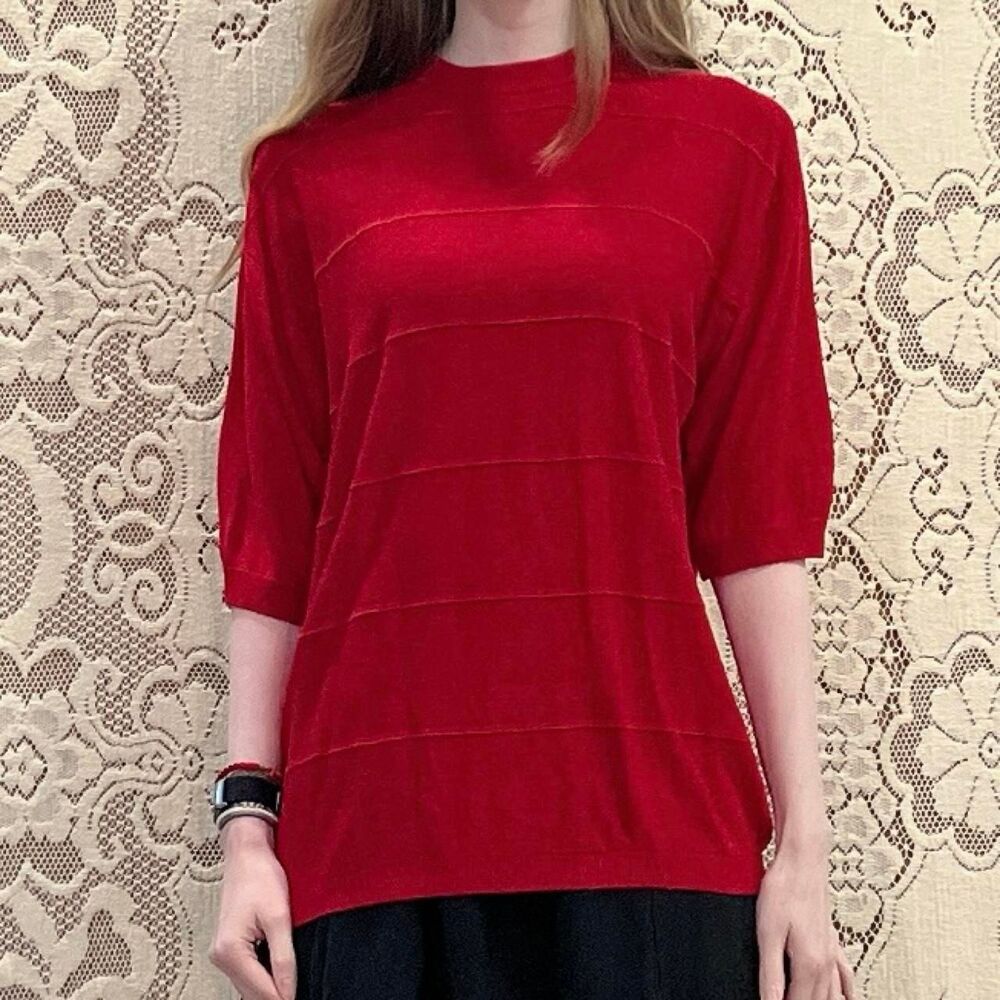 1990s Vintage Bright Red Silk Blend Half Sleeve Lightweight Slouchy Sweater